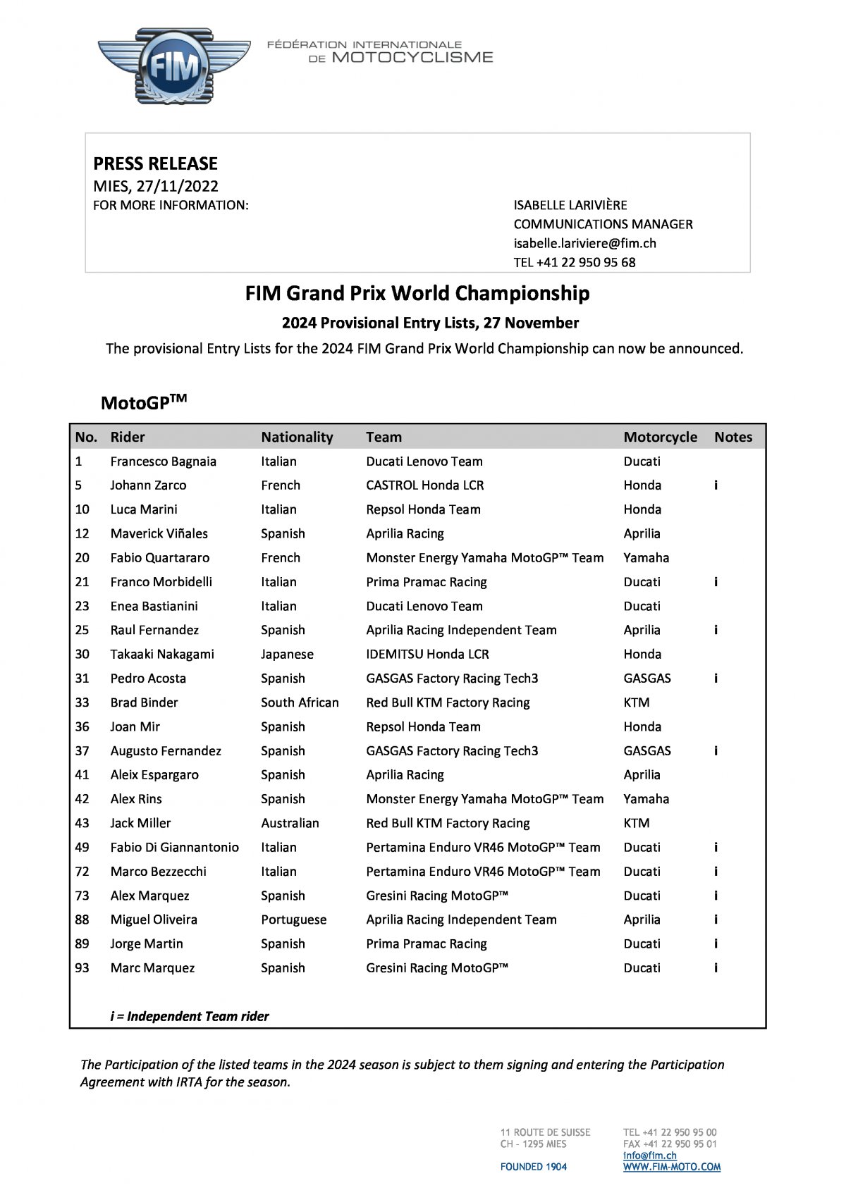 Предварительный список и стартовые номера пилотов MotoGP, Moto2 и Moto3 2024 года