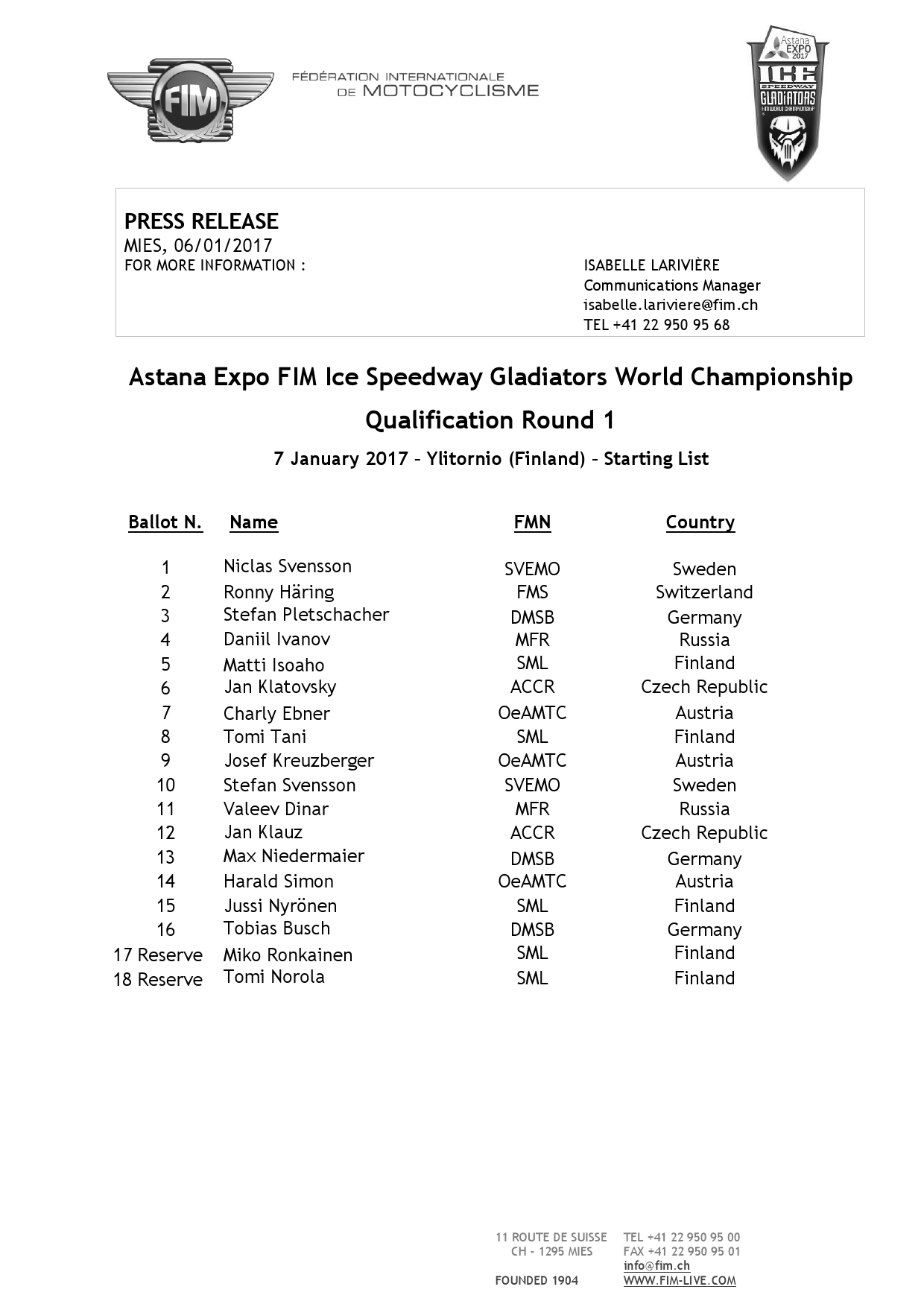 Списки участников квалификационного раунда FIM Ice Speedway Gladiators 2017, Финляндия, 7 января