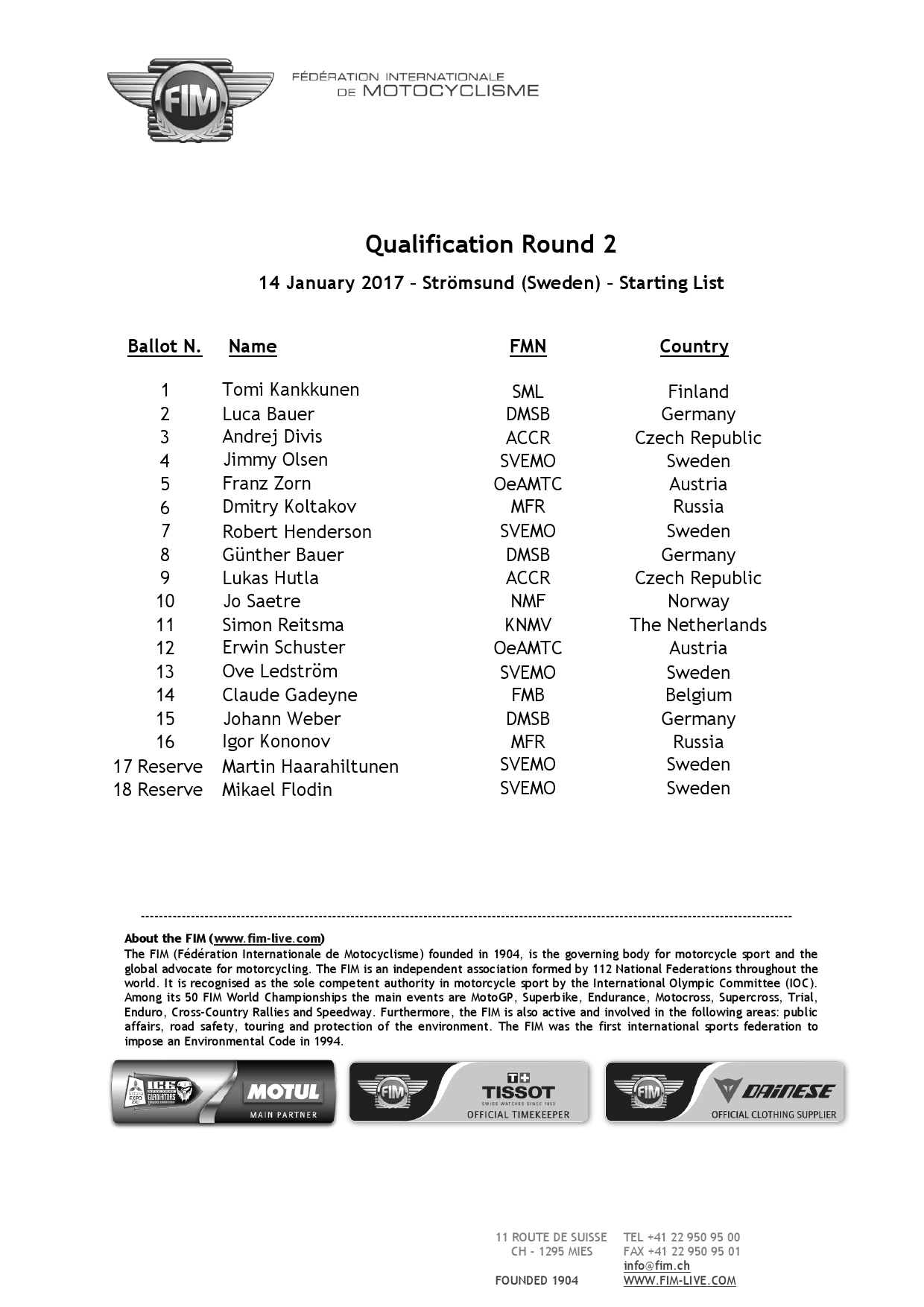 Списки участников квалификационного раунда FIM Ice Speedway Gladiators 2017, Швеция, 14 января