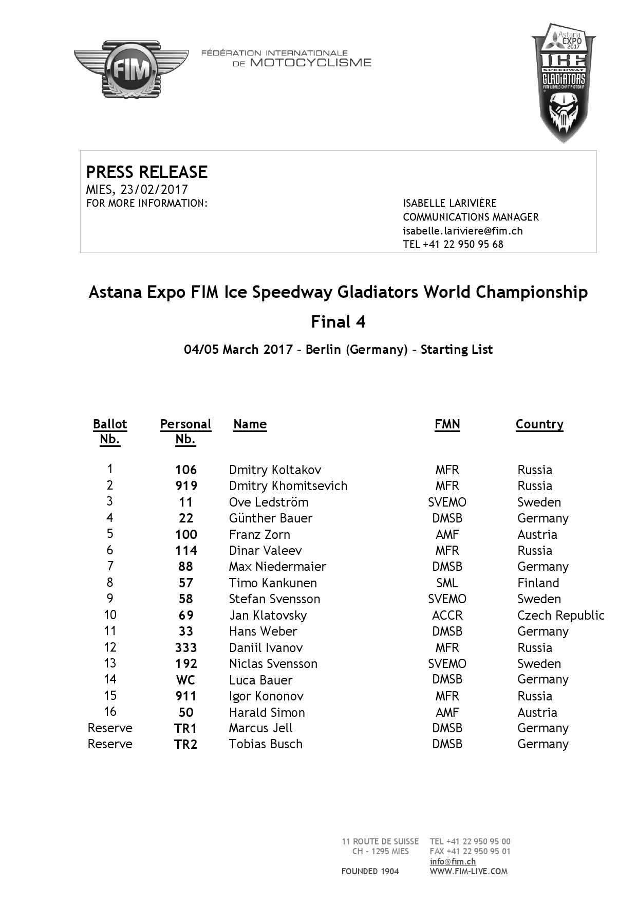 Официальный список участников 4-го этапа FIM Ice Speedway Gladiators в Берлине