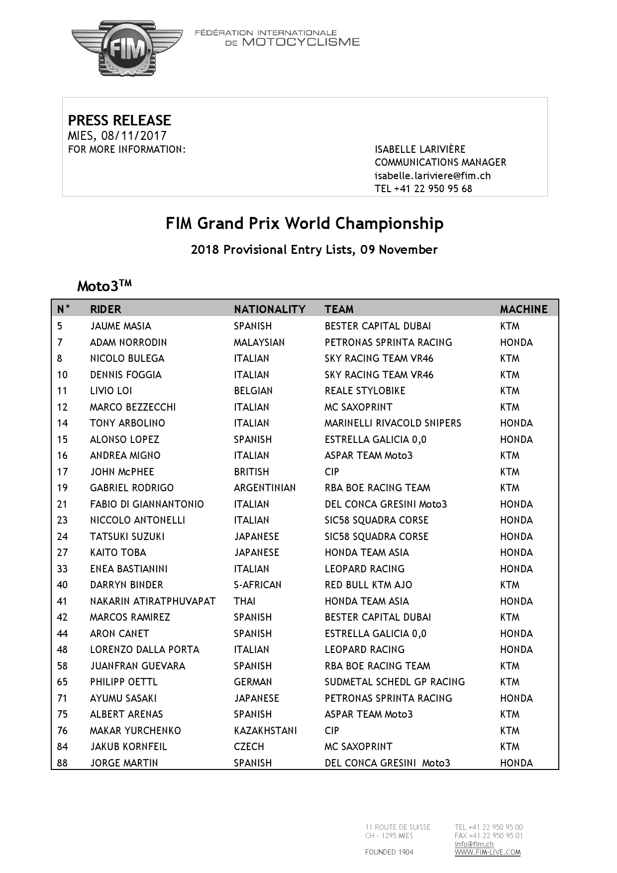 Список пилотов и стартовые номера в чемпионате мира по Moto3 2018 года